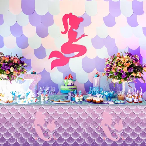 Miniatura 5 de 8 manteles para decoración de fiesta de cumpleaños de sirena, fundas de mesa de plástico desechables para princesas bajo el mar, suministros