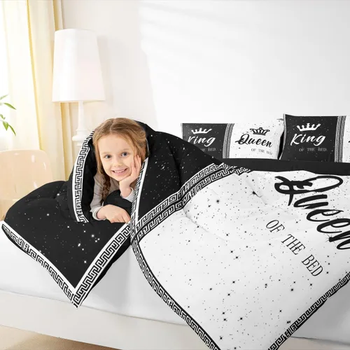 Miniatura 7 de jejeloiu Juego de edredón con patrón de corona, edredón estampado King y Queen para niños y adolescentes, juego de ropa de cama moderno de arte