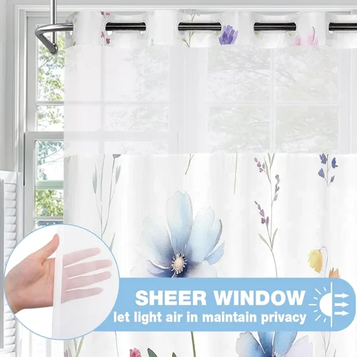 Miniatura 2 de Juego de cortina de ducha sin gancho con forro a presión, diseño floral moderno para baño, tela sin anillo, cortinas de flores impresas en acuarela