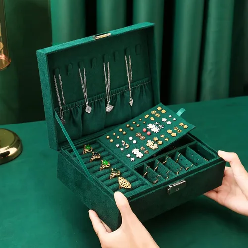 Miniatura 4 de JACIEYU Caja organizadora de joyas grande para mujer caja de almacenamiento de franela de terciopelo con cerradura de seguridad verde oscuro