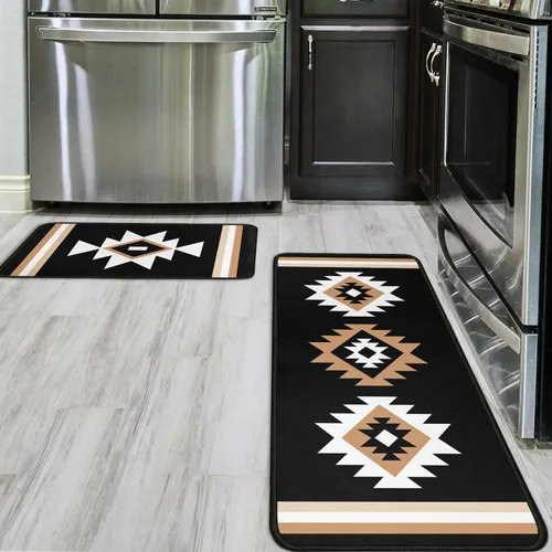 Miniatura 5 de Juego de 2 tapetes de cocina estilo bohemio para cocina, diseño azteca occidental, color negro, antideslizantes, lavables, para el suelo, 2 piezas