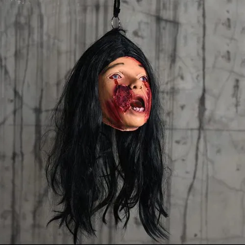 Miniatura 21 de RiceelSor Decoración colgante de cabeza dividida para Halloween, diseño de cadáver sangriento, de terror, de tamaño real, con peluca, disfraz