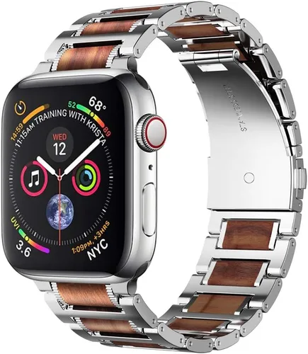 Miniatura 2 de iiteeology Correa compatible con Apple Watch, pulsera de eslabones de madera y acero natural para iWatch Series 1-11 de 1.65" (42mm), 1.61" (41mm)