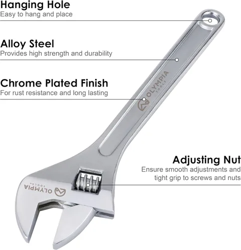 Miniatura 3 de Olympia Tools Llave ajustable de 18 pulgadas, acero forjado de alta resistencia, cromado, mandíbulas mecanizadas de precisión, resistente a
