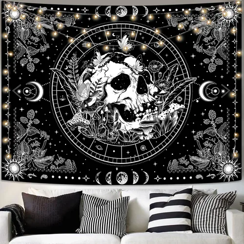 Miniatura 9 de Aipon Tapiz de esqueleto en blanco y negro para dormitorio, tapiz de calavera, setas, tapices hippie, plantas naturales, flores florales, tapiz