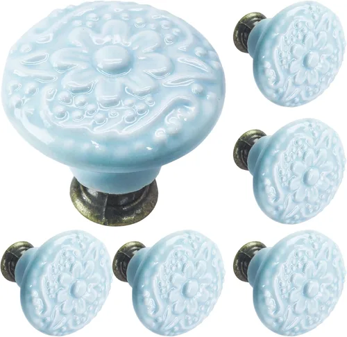Miniatura 11 de Biaungdo 12 piezas de pomos y tiradores de gabinete de cerámica vintage redonda en azul claro para cajón, armario, puerta de armario