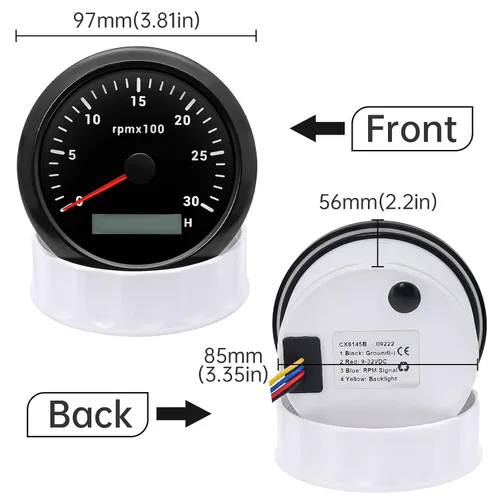 Miniatura 3 de ARTILAURA Tacómetro para Barco Tacometro 85mm 3-3/8" 3000 RPM Medidor 7 Colores Impermeable para Marino Coche AUTO Camión 9-32V (Negro)