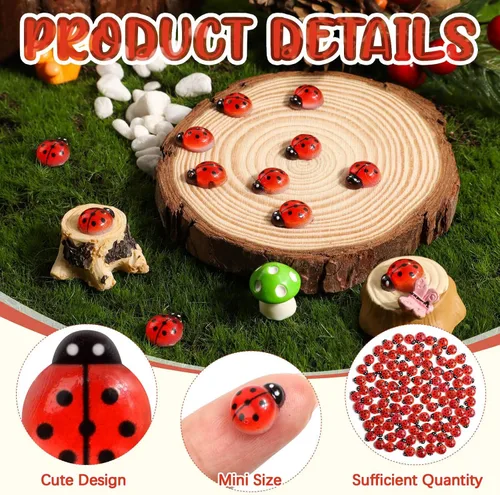 Miniatura 3 de 100 piezas de mini mariquitas de resina, figuras de mariquitas en miniatura, pequeños animales de mariquita de resina para casa de muñecas