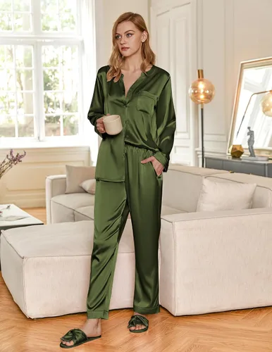Miniatura 4 de Ekouaer Conjunto de pijama de satén para mujer, ropa de dormir de manga larga con botones y bolsillos