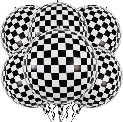 Miniatura 8 de Paquete de 12 globos de carreras a cuadros de 18 pulgadas, globos de aluminio de helio de Mylar a cuadros blancos y negros para fiestas temáticas