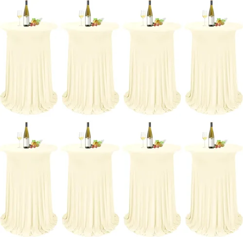 Miniatura 19 de Paquete de 4 manteles redondos para mesa de cóctel, de 32 x 43 pulgadas, de elastano, con cortinas onduladas, color beige, para mesa de boda, bar