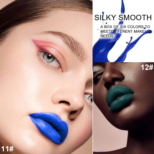 Miniatura 4 de evpct Juego de 6 labiales líquidos mate en colores oscuros negro, azul, verde, púrpura, rosa y rojo para mujeres, juego de maquillaje de tinte