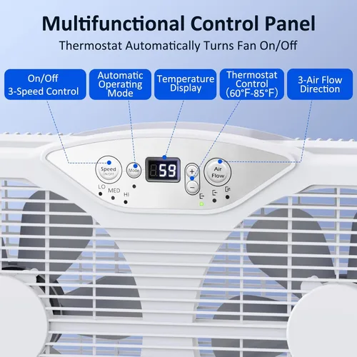 Miniatura 6 de shinic Ventilador de ventana doble, flujo de aire reversible de aspas de 9 pulgadas, control de termostato, 3 velocidades, 3 funciones, ancho