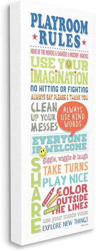 Stupell Industries 'Playroom Rules Colorful Typography White Blue Green and Red', arte en lienzo, 10 x 24 pulgadas, fácil de colgar y resistente,