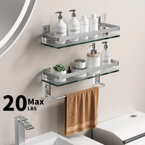 Miniatura 7 de Danpoo Estantes de baño montados en la pared, estante de vidrio templado transparente con toallero, soporte para toallas de mano (plata mate)