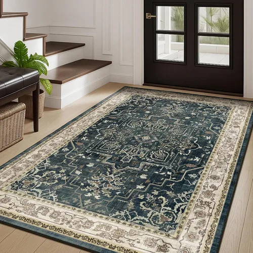Miniatura 84 de Alfombra de pasillo profundo azul 2x8, alfombra de pasillo lavable antideslizante para entrada interior, alfombra de medallón vintage de 0.27