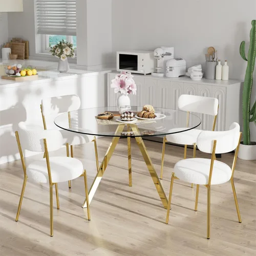 Miniatura 12 de Juego de mesa de comedor circular de vidrio de 39 pulgadas para 4, mesa de comedor redonda pequeña y 4 sillas tapizadas, moderno juego de mesa