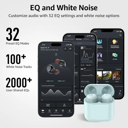 Miniatura 6 de TOZO Auriculares inalámbricos T6, auriculares Bluetooth 5.3, sonido estéreo en el oído, 50 horas de reproducción, estuche de carga inalámbrica, Azul