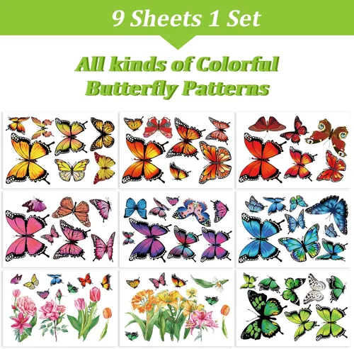 Miniatura 4 de Whaline 9 hojas de primavera de mariposa para ventana, decoración de ventanas de flora de mariposa colorida de verano, calcomanías reutilizables