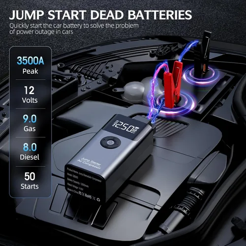 Miniatura 2 de Arrancador con compresor de aire, LERTIN 3500 A 150 PSI paquete de batería portátil para automóvil, para hasta 9.0 L gasolina/8.0 L motor diésel