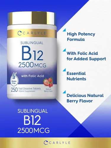 Miniatura 4 de Carlyle Vitamina B12 Sublingual 2500 mcg 250 tabletas de disolución rápida Suplemento de cianocobalamina con ácido fólico para adultos Sabor