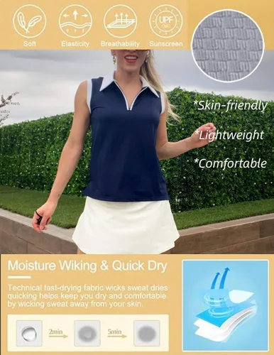Miniatura 4 de HOTLOOX Camiseta polo de golf sin mangas para mujer, verano 2024, UPF 50+, cremallera, cuello en V, camiseta sin mangas S-XXL