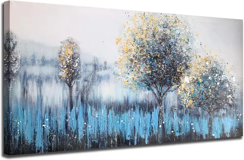 Miniatura 21 de Arjun Lienzo artístico para pared de árbol de la vida para sala de estar, pintura de árbol azul y verde azulado, 50% pintada a mano, imagen