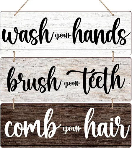 Miniatura 7 de Letrero de madera rústica para colgar en la pared con texto en inglés «Wash Your Hands», «Brush Your Teeth Peine Your Hair», letrero decorativo