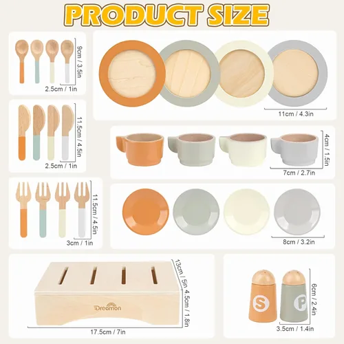 Miniatura 3 de Platos y vajilla de juego de madera para set de cocina de niños, 27 piezas de accesorios de cocina de juego de madera, juguete de cocina para niños