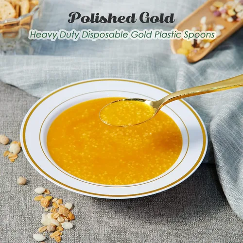 Miniatura 3 de FOCUSLINE Paquete de 300 cucharas desechables de plástico dorado de 6.8 pulgadas, cucharas de plástico sólido y duradero, cubiertos desechables