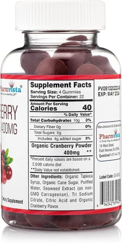 Miniatura 2 de Pharmvista Gomitas de arándano para niños y adultos, 400 mg, sin gluten, sin alérgenos, suplemento vegano rico en nutrientes, masticables