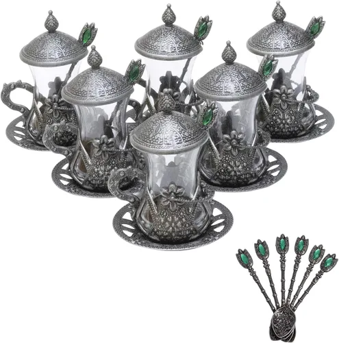 Alisveristime Juego de 6 vasos de té turco hechos a mano, motivos turcos tradicionales, juego de 6 con tapas y cucharas de té adicionales (negro