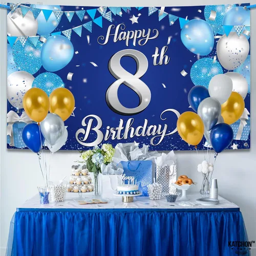 Miniatura 3 de KatchOn, Cartel extragrande de feliz cumpleaños número 8 plateado y azul, 72 x 44 pulgadas, telón de fondo de octavo para decoraciones de feliz