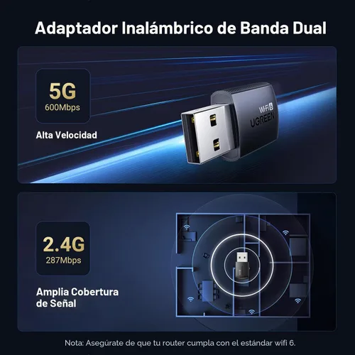 Miniatura 3 de UGREEN Adaptador WiFi para PC de Escritorio, Adaptador USB WiFi 6 AX900 con Banda Dual 5GHz/2.4GHz, Controlador Incorporado para Windows 10/11
