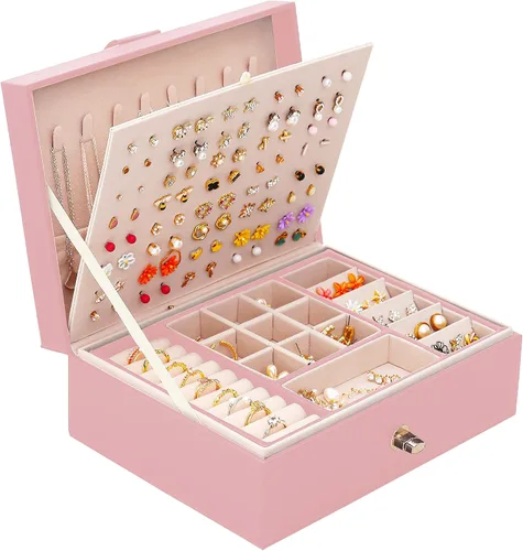 QBestry Organizador de aretes de tuerca para niñas caja de joyería rosa para aretes collar organizador de joyas caja de aretes para mujer soporte de