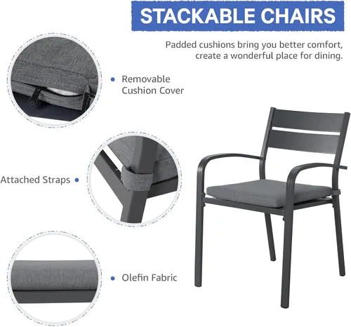 Miniatura 5 de Soleil Jardin Sillas de comedor de aluminio para exteriores de 2 piezas con cojines, sillas apilables para balcón, jardín, patio, acabado verde