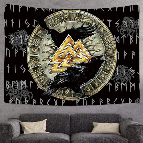 Miniatura 4 de F-FUN SOUL Tapiz nórdico de cuervo vikingo, 40 x 30 pulgadas, misteriosas runas de meditación vikinga, arte nórdico, tapices colgantes de pared