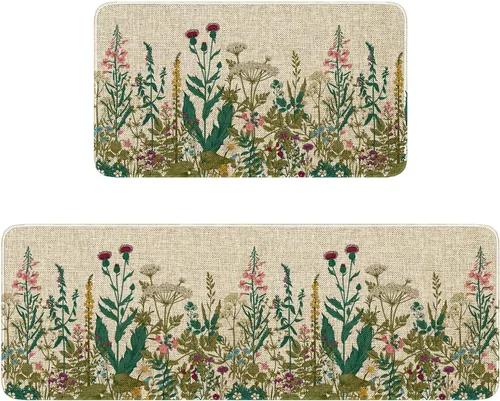 Miniatura 10 de Juego de 2 tapetes y tapetes de cocina con diseño floral de primavera, diseño floral de acuarela para piso, decoración de fregadero de cocina