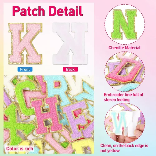 Miniatura 2 de NICEVINYL Parches de letras de chenilla autoadhesivas: 26 piezas de parches de letras coloridas, parches de letras universitarias, parches de 26