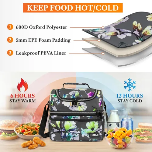 Miniatura 3 de OPUX Lonchera para mujeres, bolsa de almuerzo grande aislada para adultos, trabajo, doble cubierta, lonchera para preparar comidas, compartimento