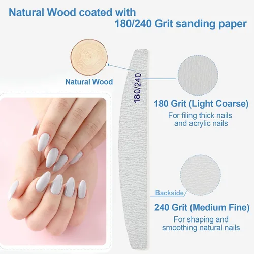 Miniatura 3 de Limas de uñas (paquete de 12), lima de uñas de madera de grano 180/240, lima de uñas de doble cara de madera Emory para uñas naturales, profesional