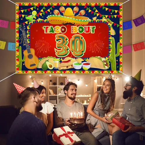 Miniatura 7 de HAMIGAR Fondo de pancarta de feliz cumpleaños de 30 x 6 pies – Fiesta de tacos 30 Fiesta de cactus mexicano decoraciones de cumpleaños suministros