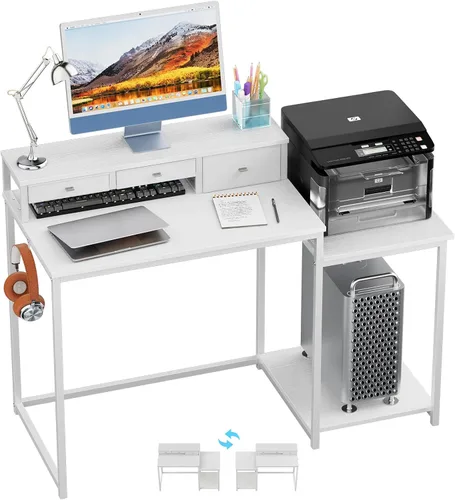 Miniatura 9 de SINPAID Escritorio para computadora de 47 pulgadas con estante para impresora, escritorio de juegos con soporte para monitor y cajones, escritorio