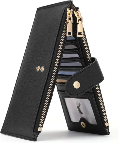 GOIACII - Carteras delgadas para mujer con bloqueo RFID, tarjetero con 2 bolsillos con cremallera, monedero fino para mujer, negro (A01 Black),