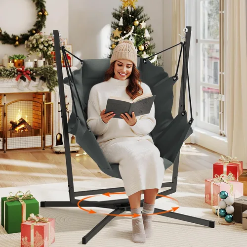 Miniatura 10 de Silla Hamaca Giratoria de 360° con Soporte - Silla Colgante Cómoda con Cojines (Capacidad de 400 libras) para Uso Interior/Exterior - Perfecta