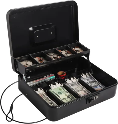 Caja de efectivo con cerradura de combinación, caja fuerte para dinero en efectivo, caja de seguridad con cable de seguridad, 11.8 x 9.5 x 3.54 Negro