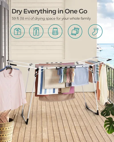 Miniatura 3 de SONGMICS ULLR518W01 - Escurridor de ropa plegable, con alas de gaviota, ahorro de espacio, 22.2 x 68.1 x 38 pulgadas, clips para calcetines, Blanco