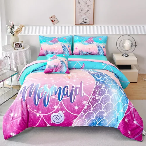 Miniatura 24 de RYNGHIPY Juego de ropa de cama tamaño matrimonial de sirena para niñas, colorido arco iris, juego de edredón con sábanas suaves y ligeras, 6 piezas