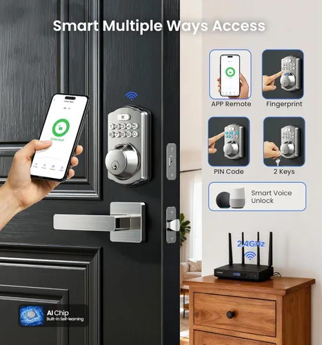 Miniatura 2 de Veise VE012W-L - Cerradura inteligente de huellas dactilares Wi-Fi integrada con juego de manija de palanca, control remoto de aplicación, entrada