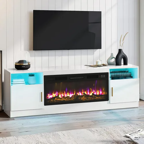Miniatura 10 de PUKAMI Soporte de TV con chimenea de 18 pulgadas para sala de estar, centro de entretenimiento de 58 pulgadas con luces para las patas, gabinete